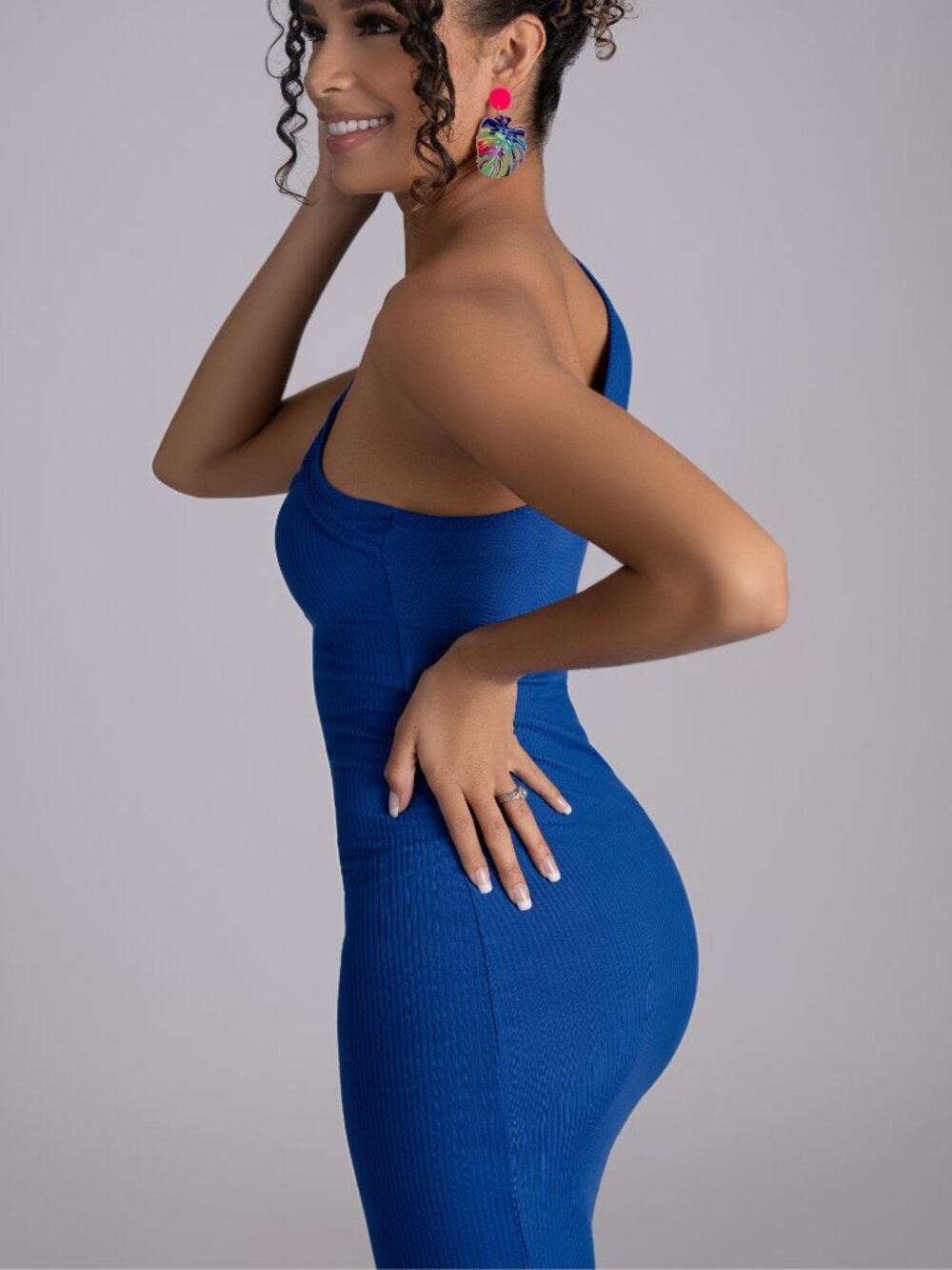 NWT Blue One Shoulder Ribbed Mini Dress - Picture 3 of 3